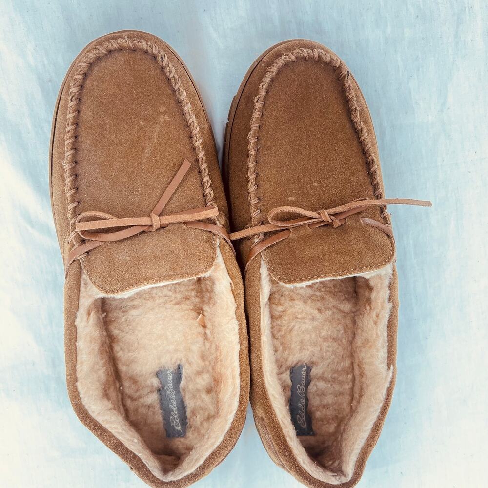EDDIE BAUER Men's Sherpa Lined Suede House Shoes Slippers M 8-9 Comfort Leisure